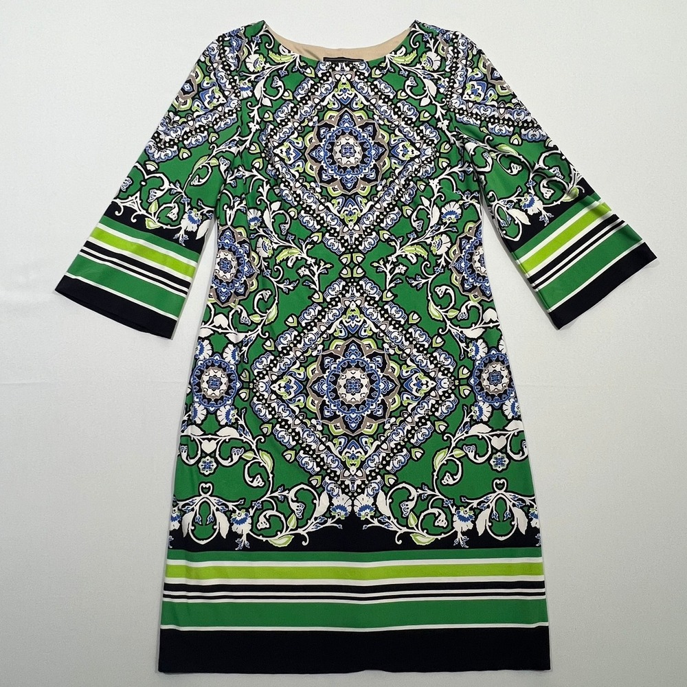 Jessica Howard Shift Dress Medallion Print Bell Sleeve Green Womens 4